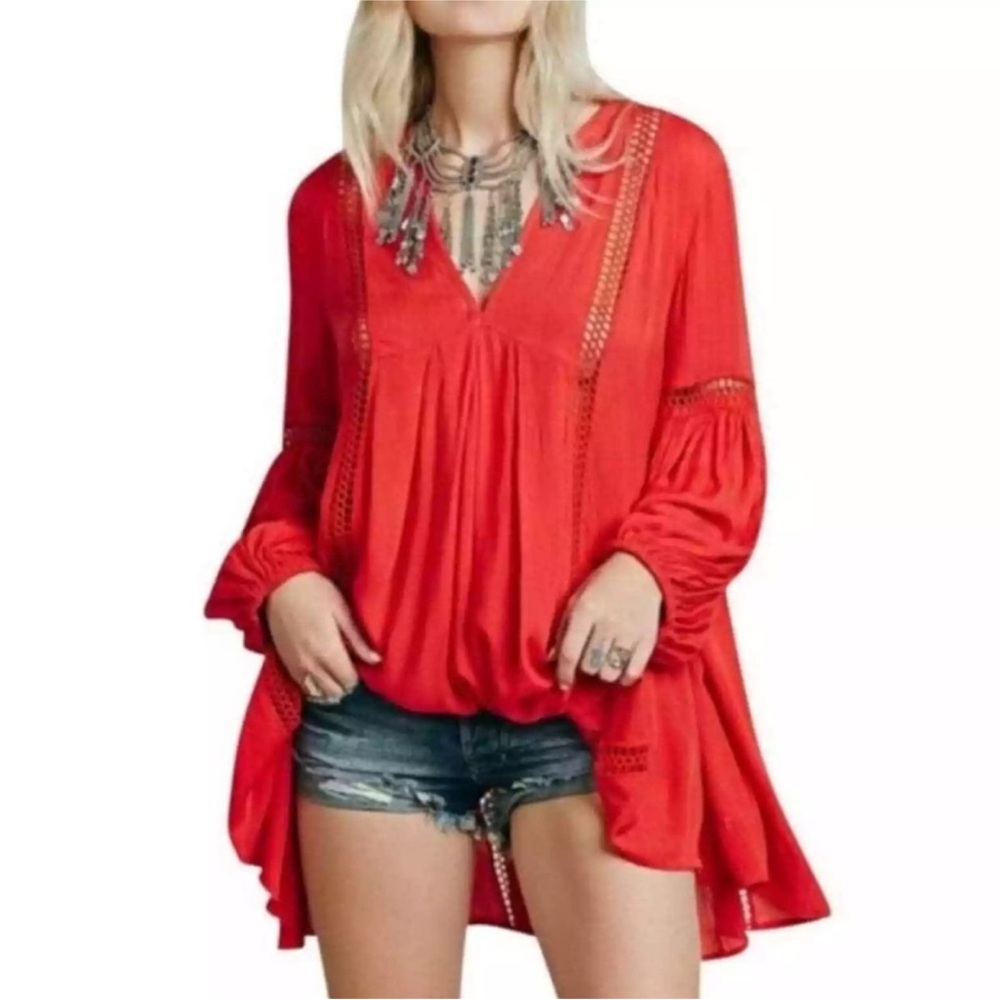 Free People Just the Two of Us Tunic Blouse Dress Red Long Sleeve S